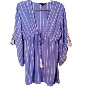 Spiaggia Dolce Striped Chambray Cover-Up XS Boho Tassel Tunic w Crochet Sleeves